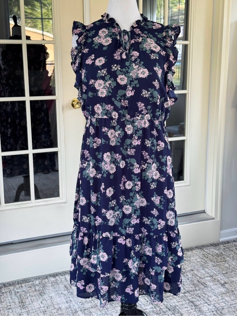 Floral Ruffle Midi Dress in Navy and Pink